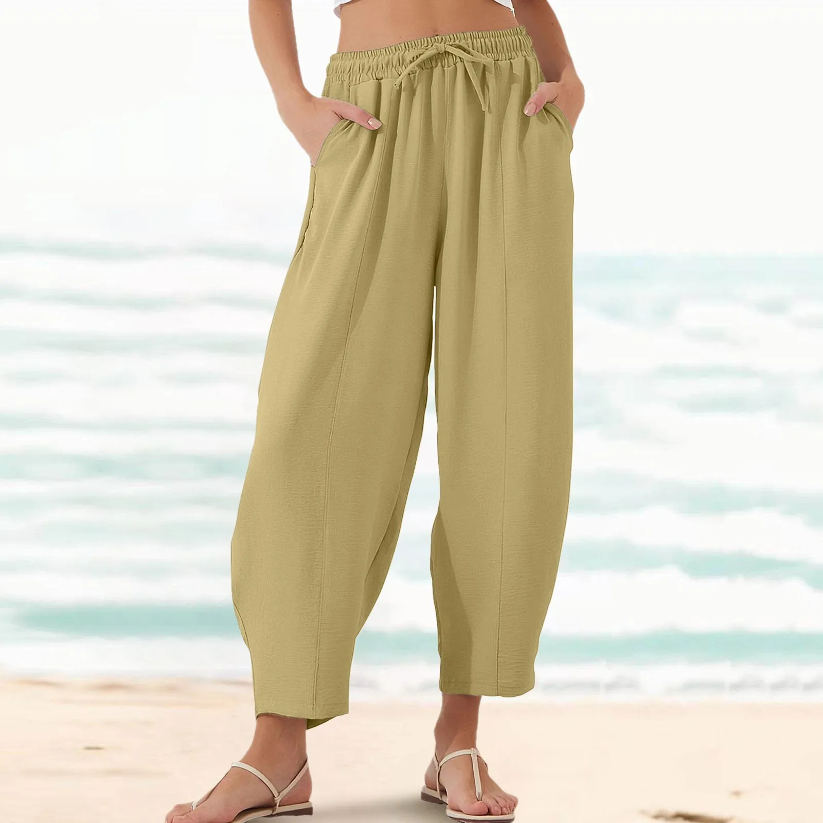 

Women'S Mid Waisted Solid Color Ankle-Length Pants Drawstring Pencil Pants Loose Fit Slight Strech Women'S Trousers