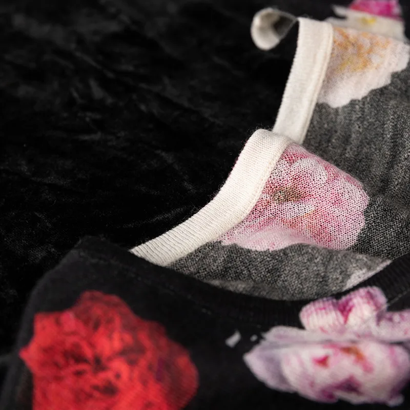 A Life On The Left Women Sweater Long Sleeve Round Neck Slim Knitwear 100% Sheep Wool Colorful Flower Printing Vintage Tops
