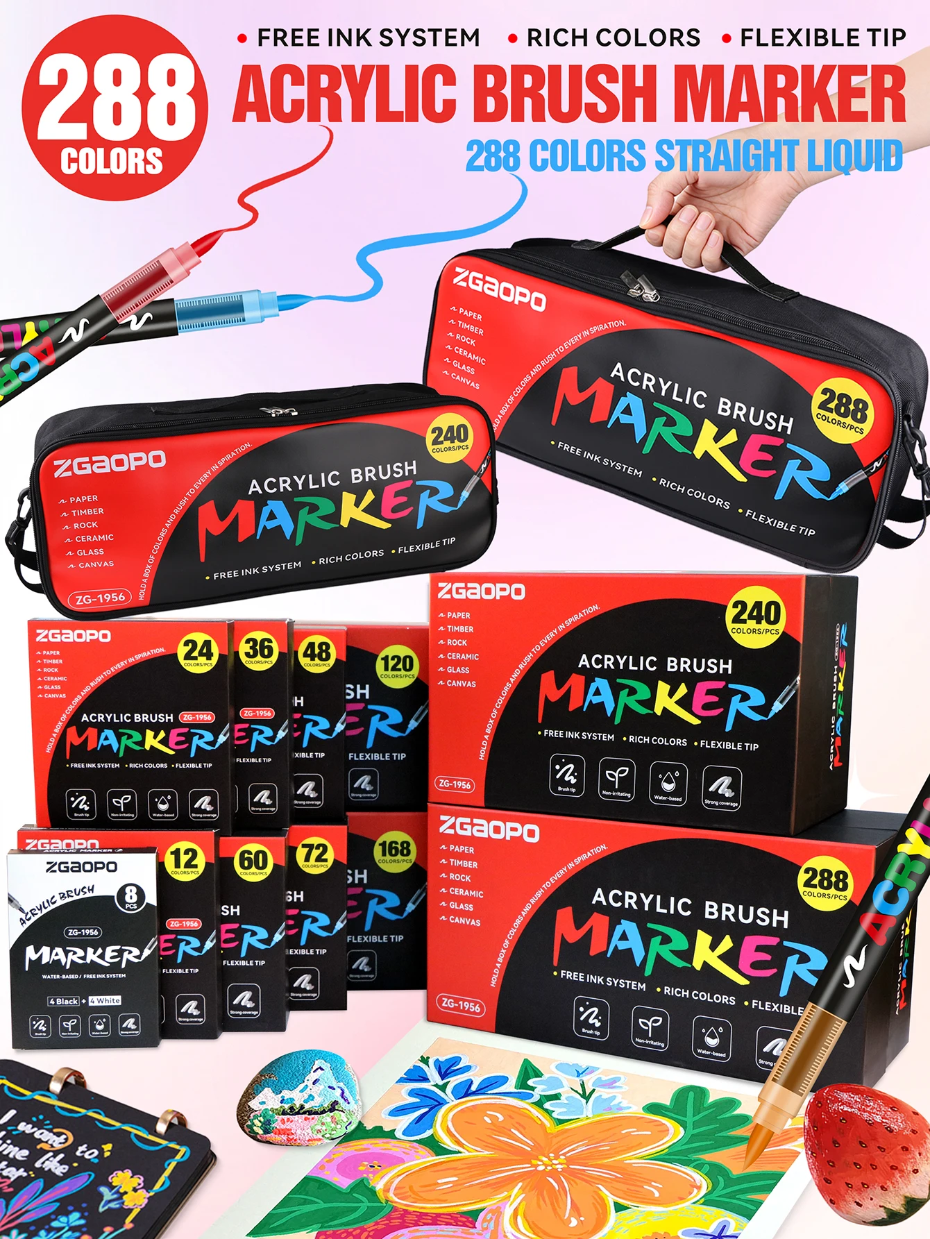 Direct Liquid Acrylic Paint Pens, 12/24/36/48/60/72/120/168/240/288 Colors Acrylic Paint Pens, Soft Brush Tip, Water-Based Acrylic