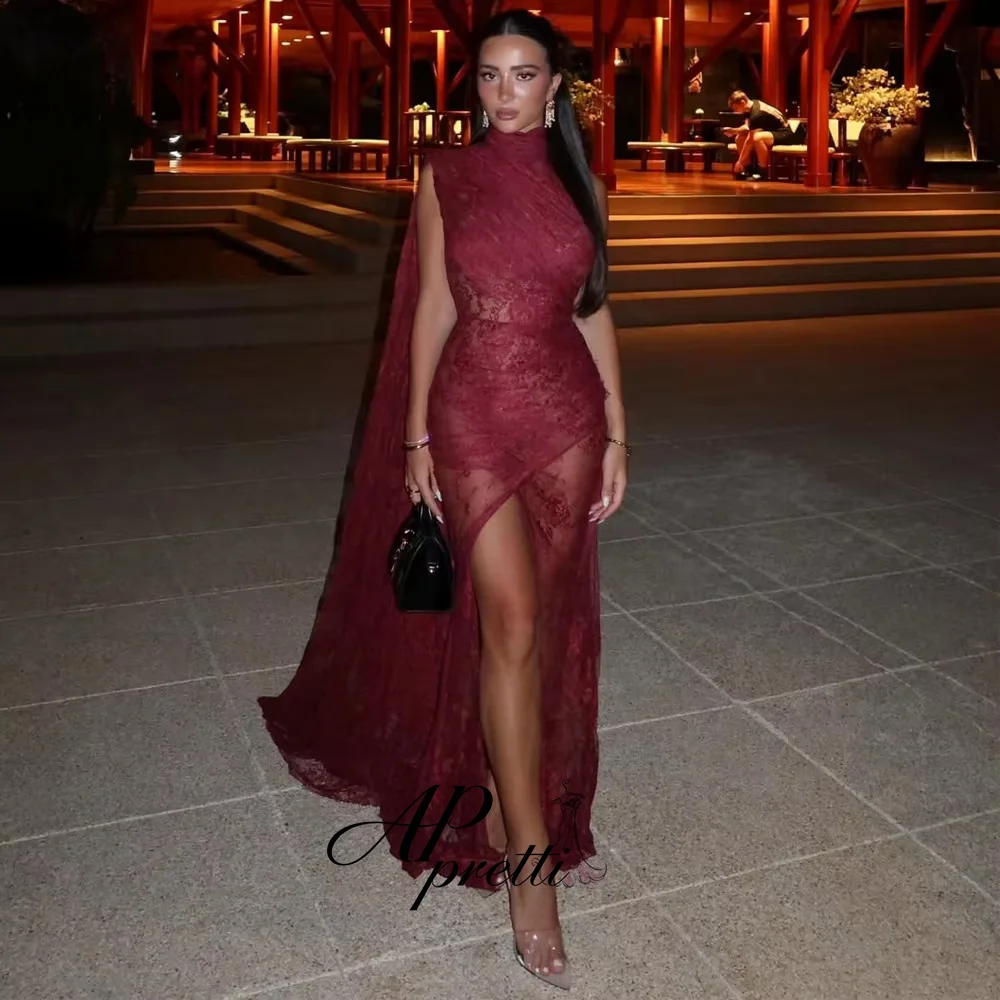AP pretti Stunning High Neck Sleeveless Prom Gown Burgundy Lace Customized Side High Slit Mermaid Trumpet 2026 Party Gown