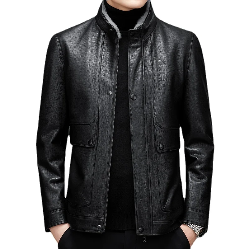 

New Men's Business British Style Solid Color Trend British Style Casual Fashion Stand Collar Sheepskin Jacket Leather Jacket