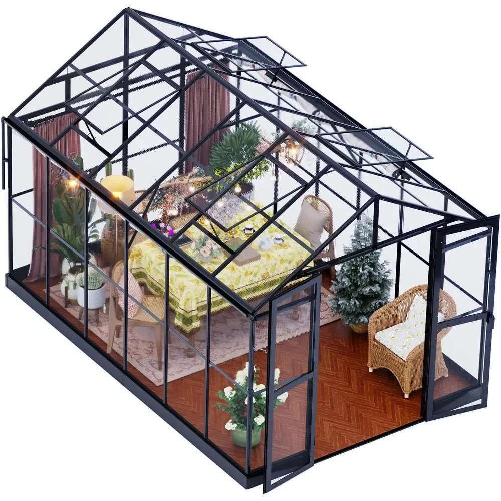 8x12x7.5 FT Greenhouse - Outdoor aluminum polycarbonate greenhouse with ventilation and rain sink, 2 hinged doors with hooks