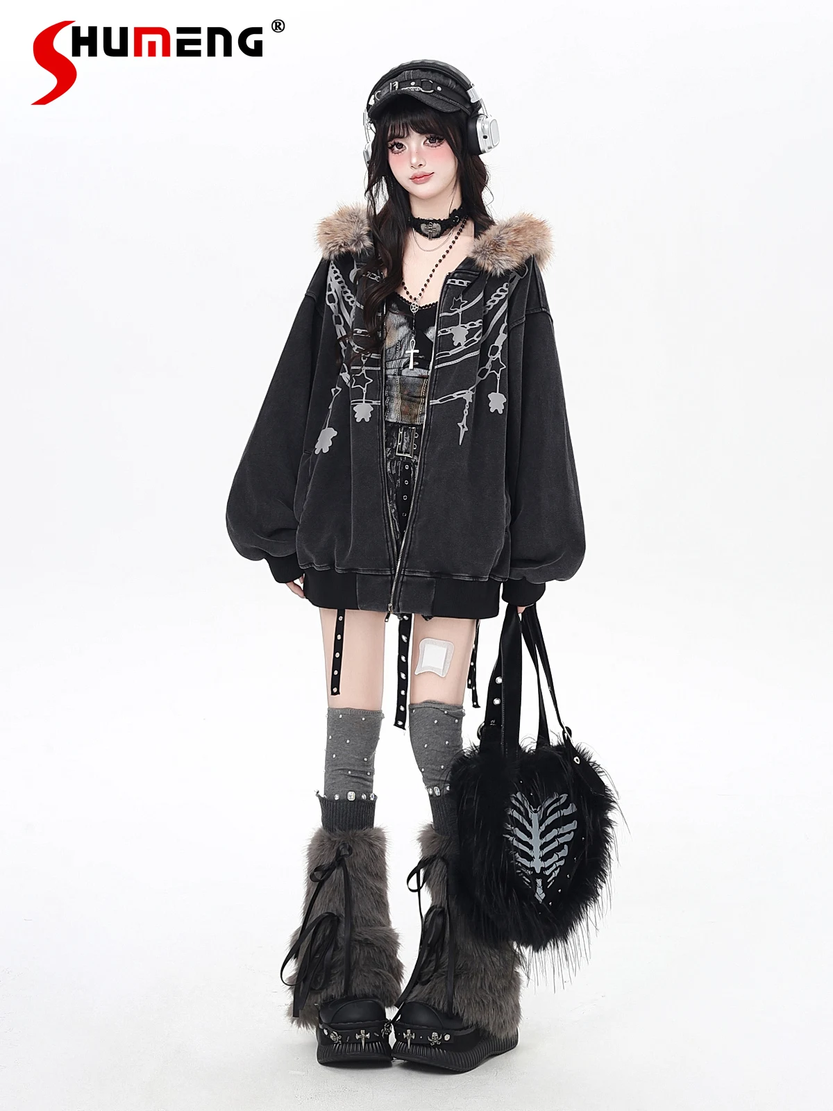 Style américain rétro mode rue vestes à capuche col de fourrure détachable imprimé ample polyvalent pulls décontractés femmes automne