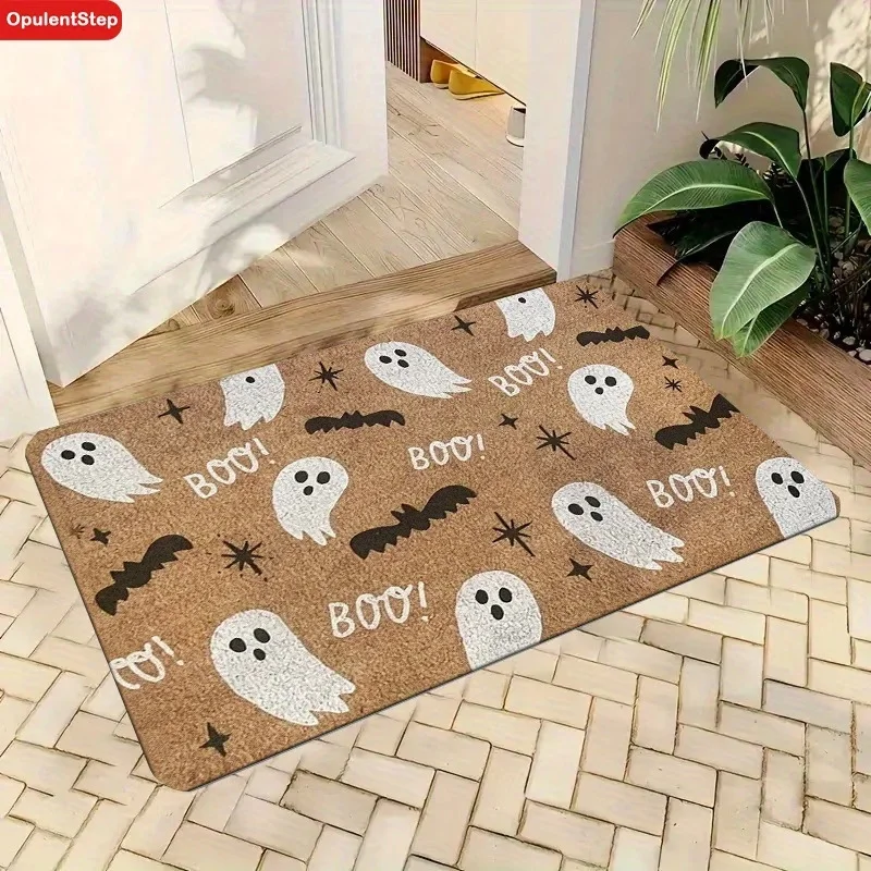 VIKAMA Retro Halloween White Ghost Black Bat Coir Doormat Spooky Holiday Outdoor Entryway Decor Mat Home Decor