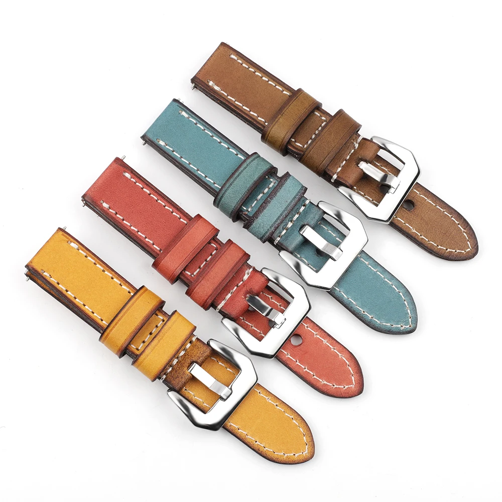 Watch Strap Cow Leather Retro Handmade Wristband 20mm 22mm 24mm Vintage Thick Watchband Watch Strap Belts Polished Buckle