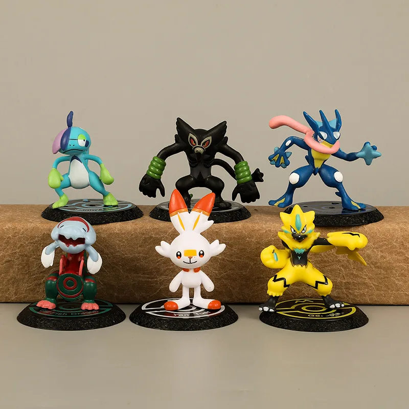 New 6pcs/set Pokemon Anime Cartoon Mega Greninja Zeraora Scorbunny Zarude Drizzile Kawaii Action Figure Ornament GK Toys Gift