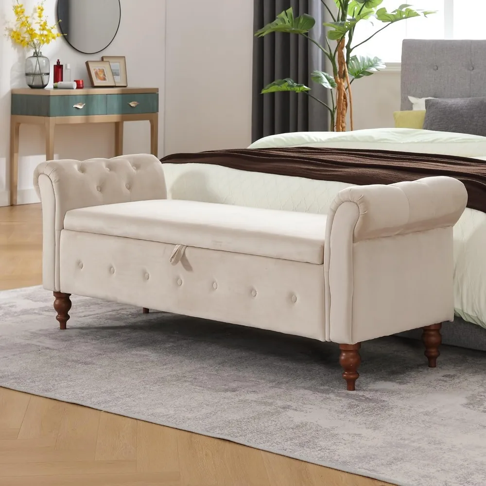 63'' Storage Ottoman Bench for Bedroom, End of Bed Bench with Arms, Velvet Storage Bench with Button for Entryway