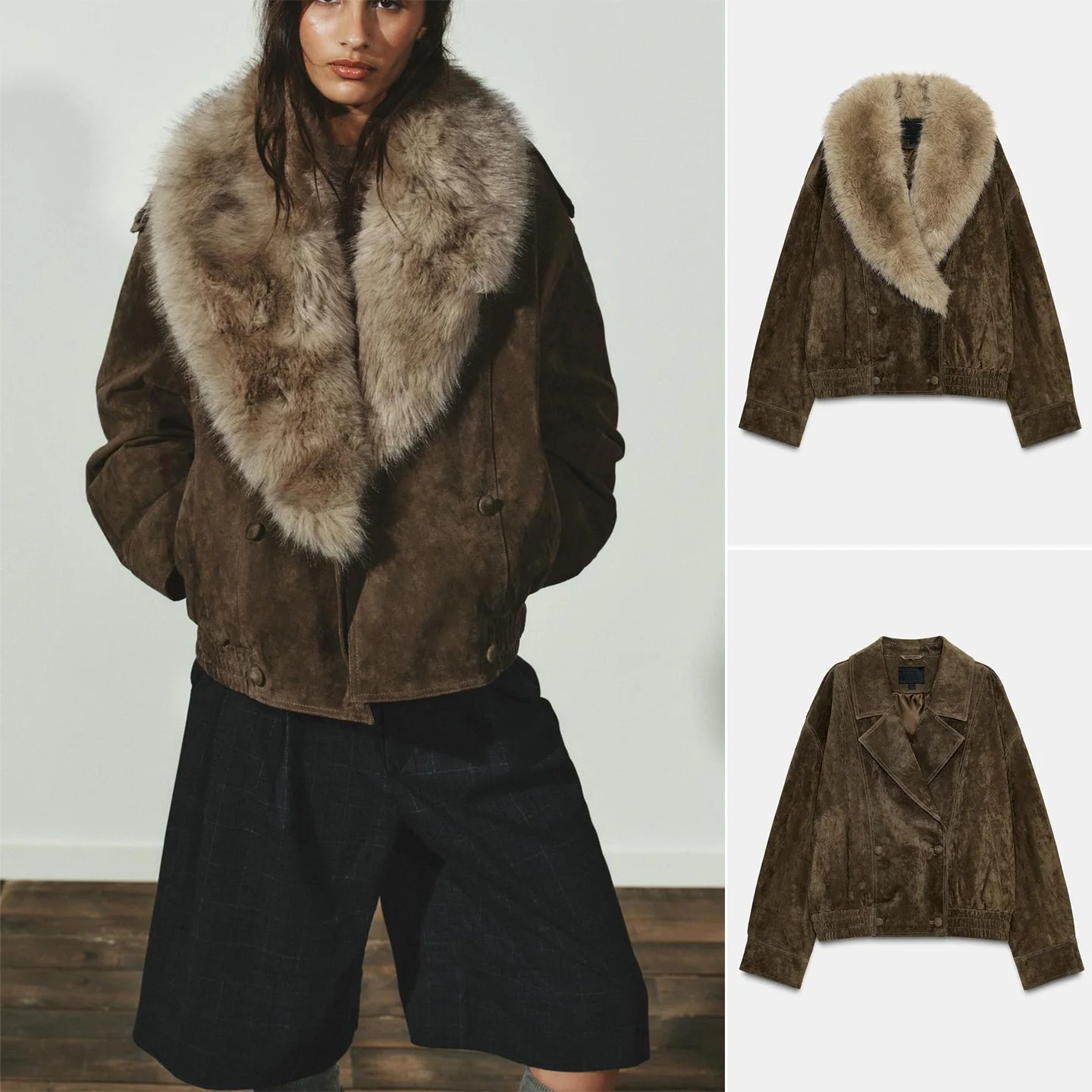 

Winter New Women's Detachable Fur Collar Long Sve Color Blo Effect Artificial Fur Jaet Coat Casual Sle Polyester Fiber