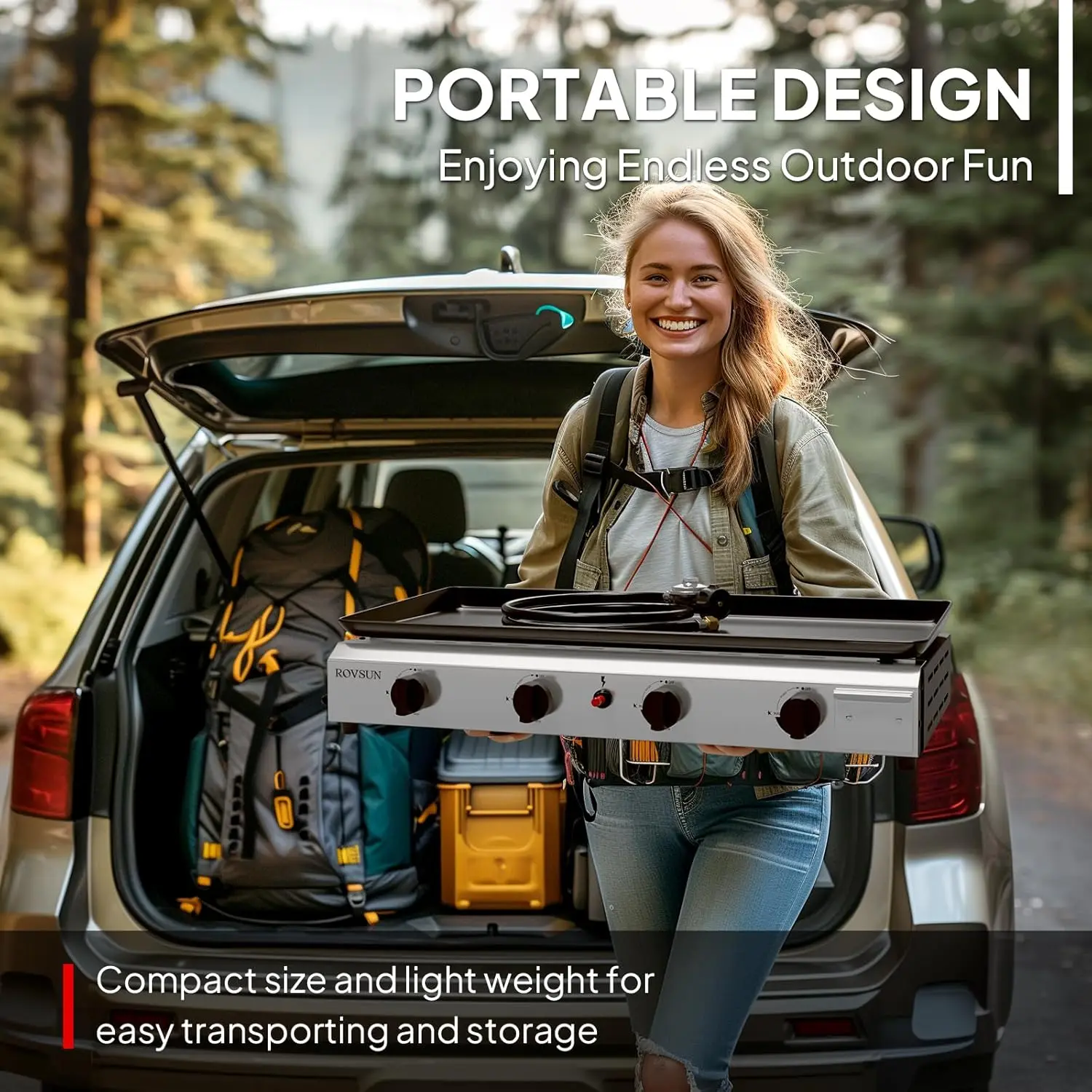 شواية بروبان محمولة ذات 4 شعلات، شواية غاز بقدرة 40,000 وحدة حرارية بريطانية مع صينية مطلية، شواية غاز مسطحة دوارة مع إشعال إلكتروني و