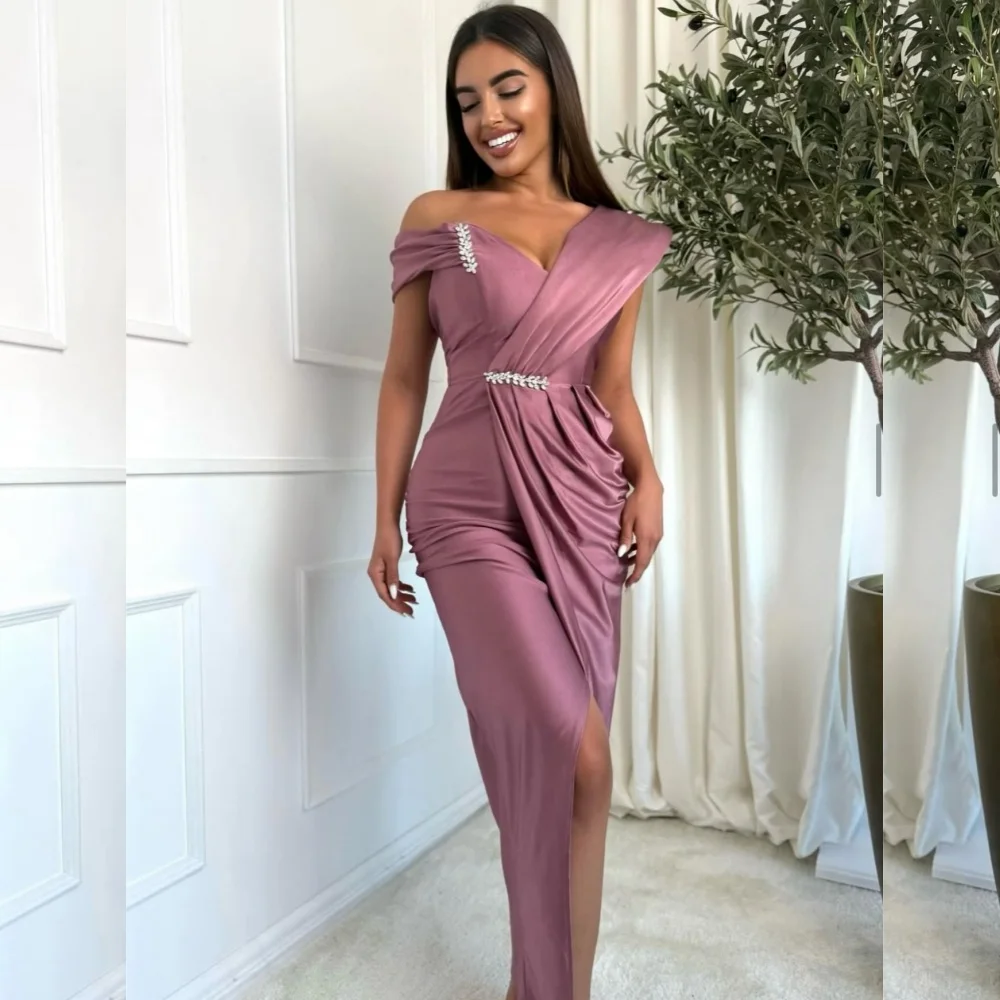 

Customized High Quality Charmeuse Sequined Pleat Straight Off-the-shoulder Midi Dresses Bespoke Occasion Sexy