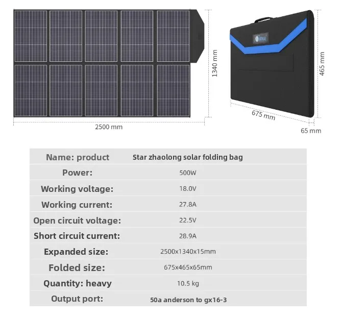 Foldable 500W Black Solar Panel Efficiency-Lightweight for Outdoor Camping & RV Solar Power Easy Setup