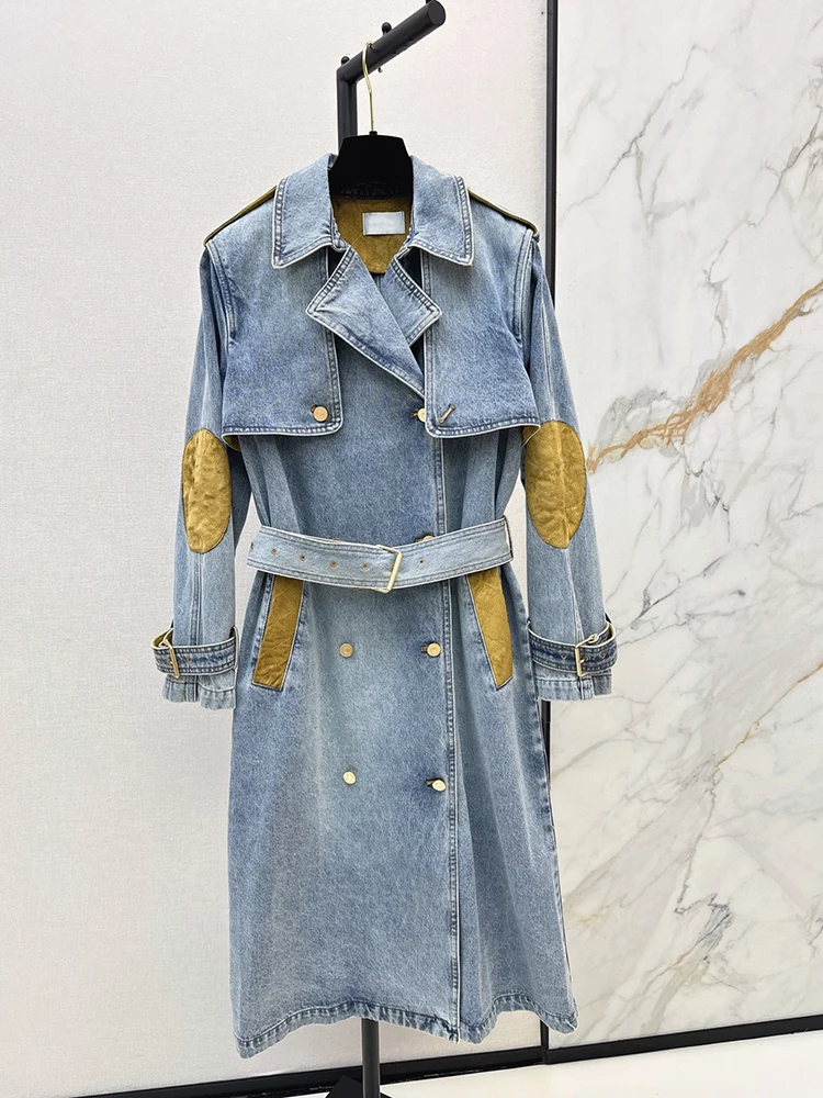 Spring Autumn Fashion Light Blue Long Style Cowboy Trench Coats Women's Turn-down Collar Suede Patchwork Long Sleeve Belt Coat