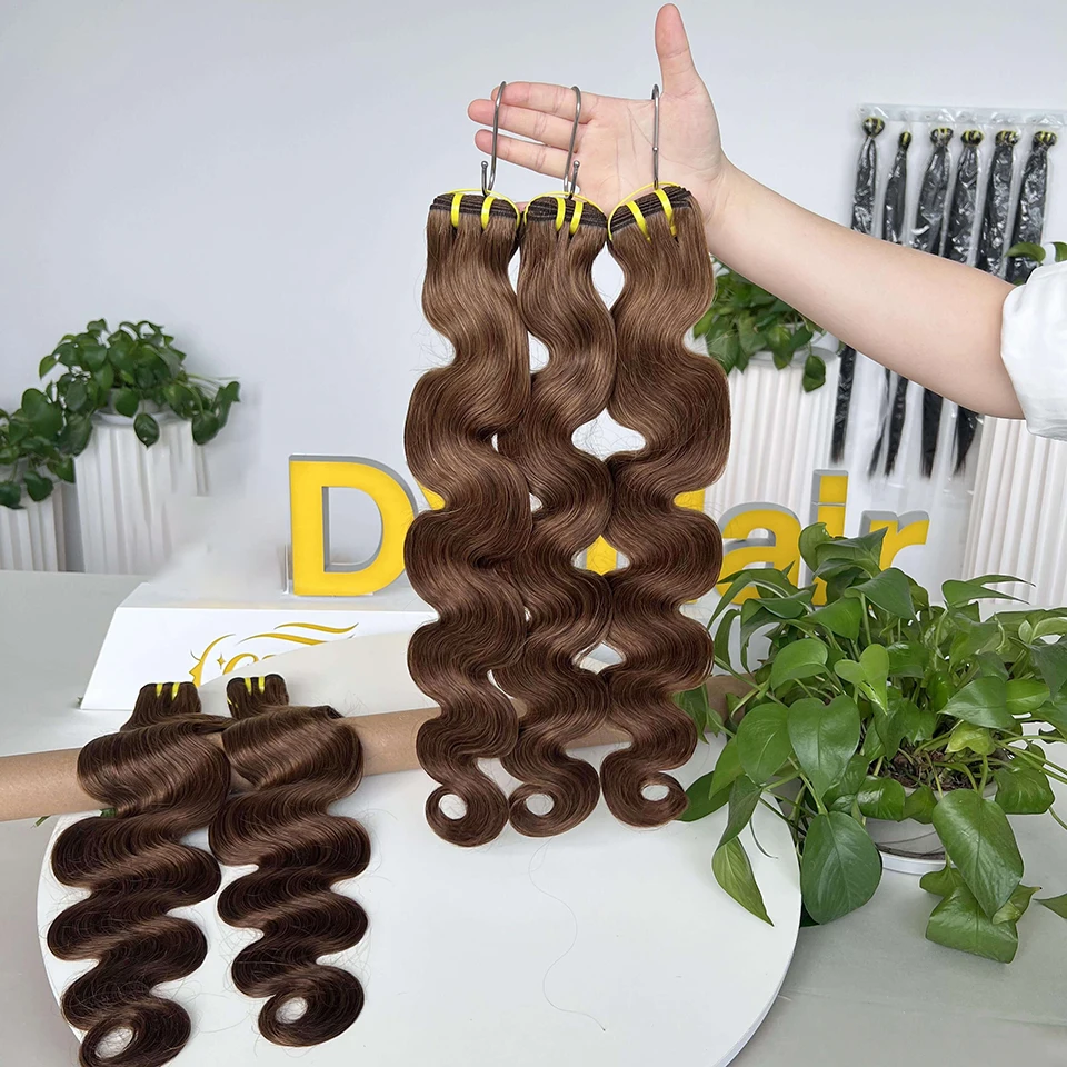 #4 bundel gelombang tubuh hadiah coklat coklat India mentah 3 buah 100% bundel kepang rambut manusia lembut ekstensi rambut ditarik ganda