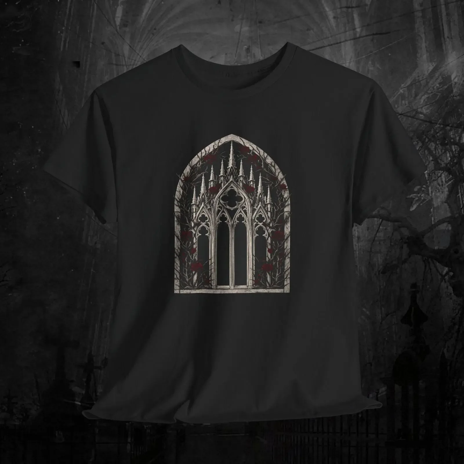 Gothic Cathedral T Shirt Dark Academia Roses Spire  vintage Washed Slightly Stylish Soft graphic fashion designer clothes