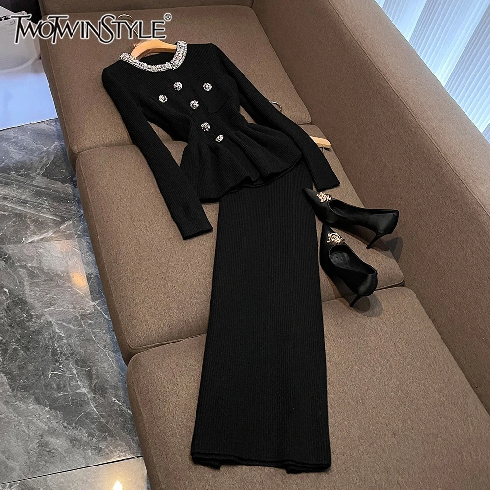 TWOTWINSTYLE Elegant Fresh Two Piece Sets For Women Round Neck Long Sleeve Top High Waist Skirt Casual Set Female New KSE556541