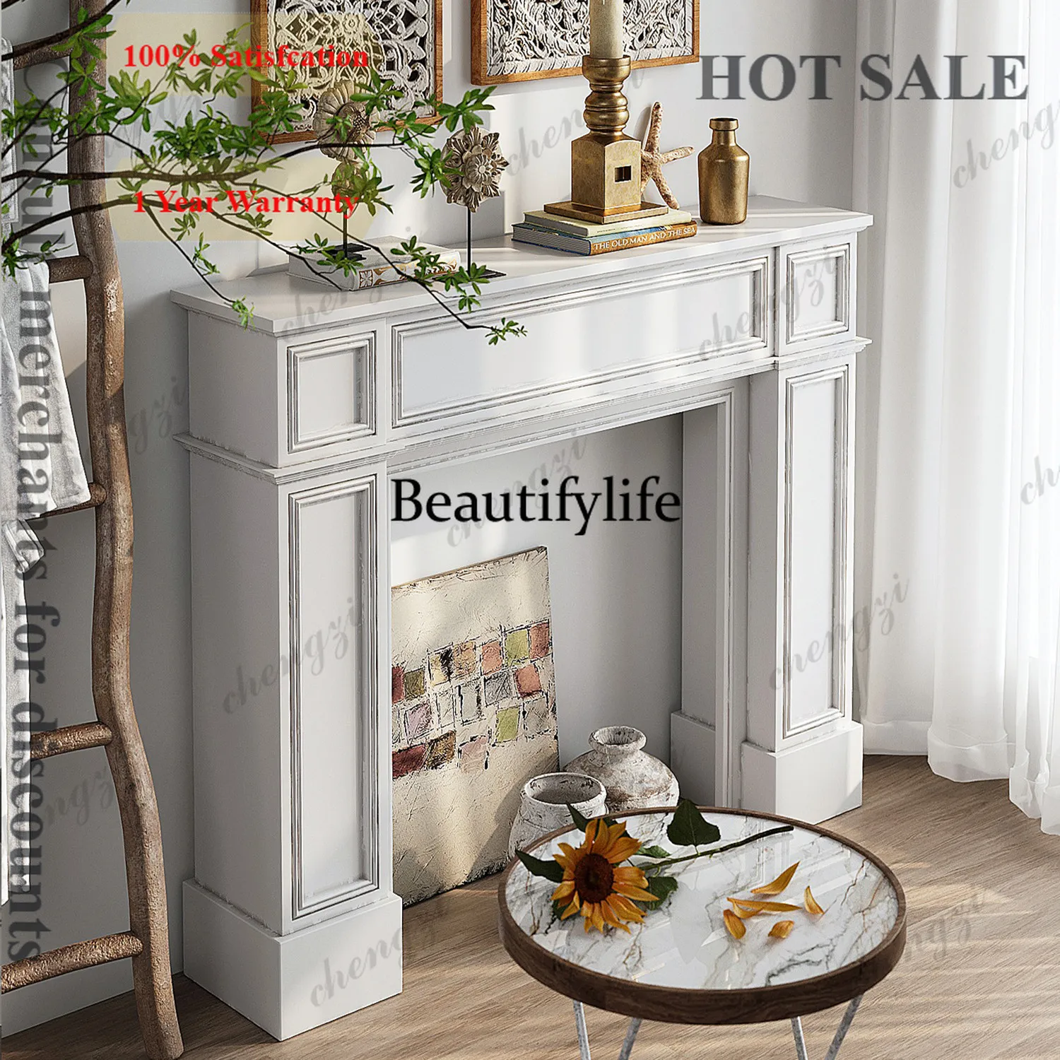 B567  French retro fireplace decorative cabinet, scene arrangement living room display white porch narrow cabinet rack
