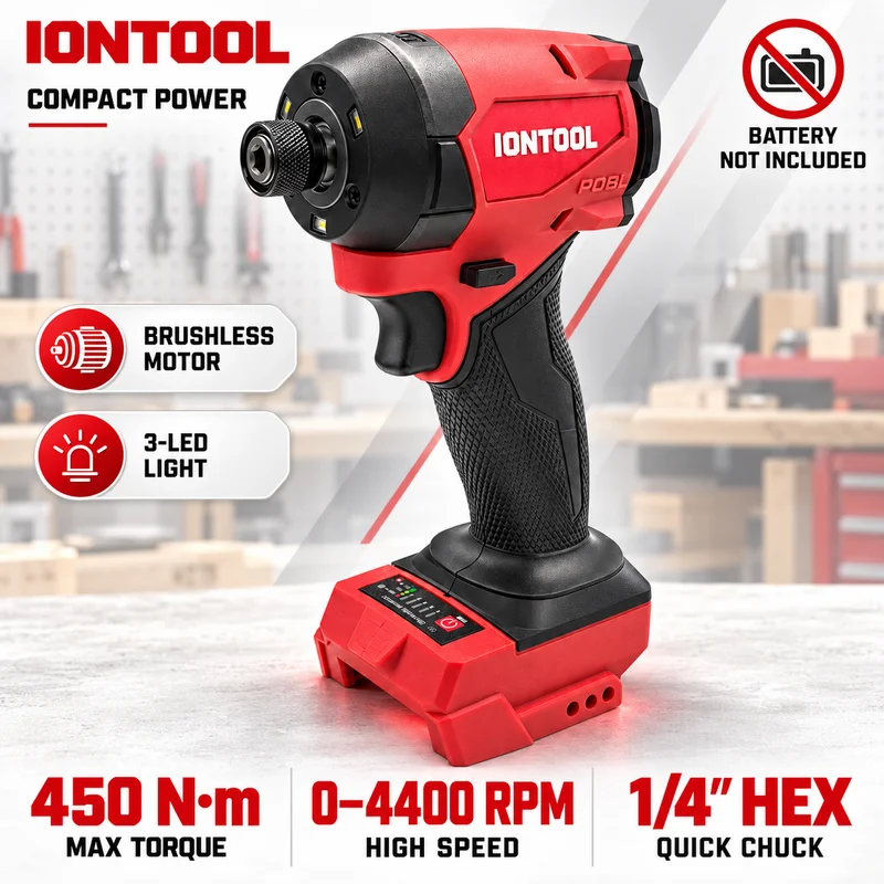 IONTOOL 450N Cordless Impact Driver 1/4 Inch Hex Drive Dual Speed Red Body for Timber Fastening and Furniture Assembly Bare Tool