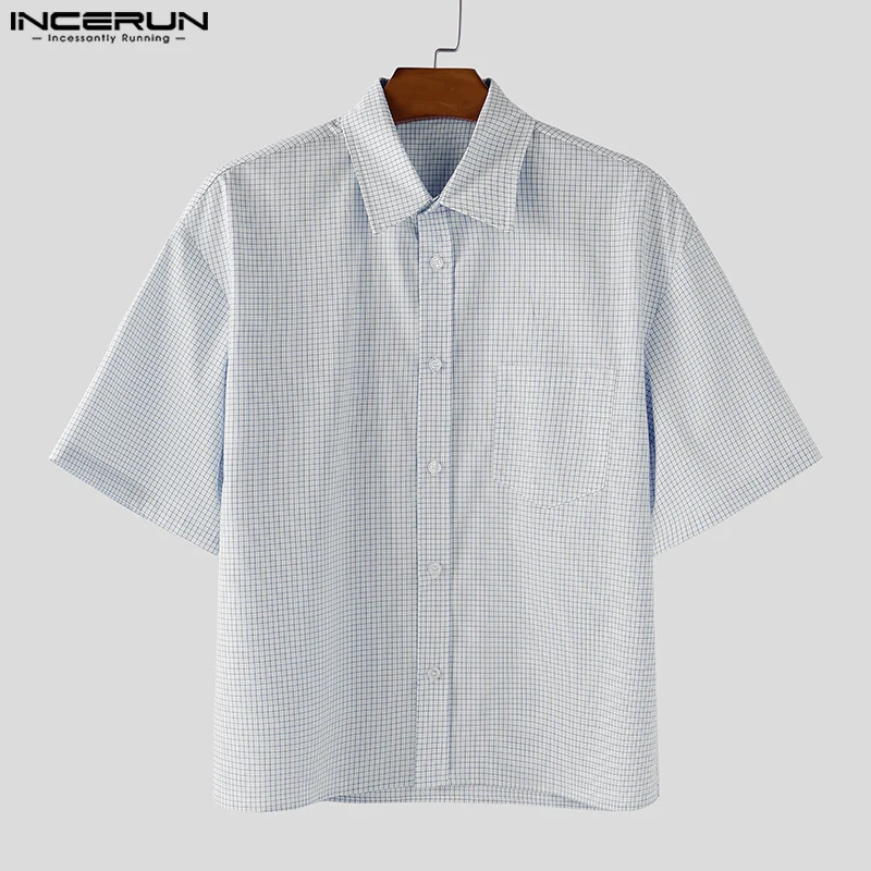 

INCERUN Мужская клетчатая рубашка с лацканами и коротким рукавом, летняя повседневная мужская одежда, уличная одежда, свободные рубашки, модные топы для отдыха 2025, S-5XL