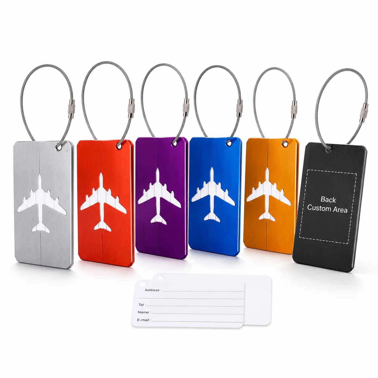 Custom Personalized Aluminum Luggage Tag Laser Engraving Name Logo Suitcase Travel Bag ID Label with Steel Cable Loop AddressCad