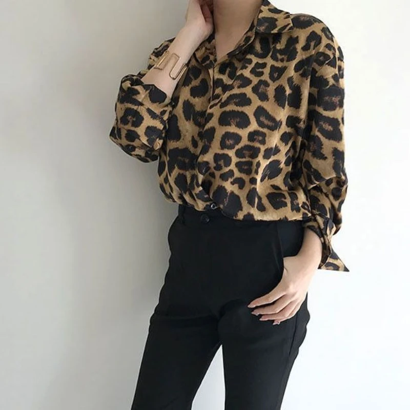 

Korean Chic Autumn Vintage Leopard Print Collar Single Button Loose Fit Casual Versatile Long Sleeve Shirt Top For Women