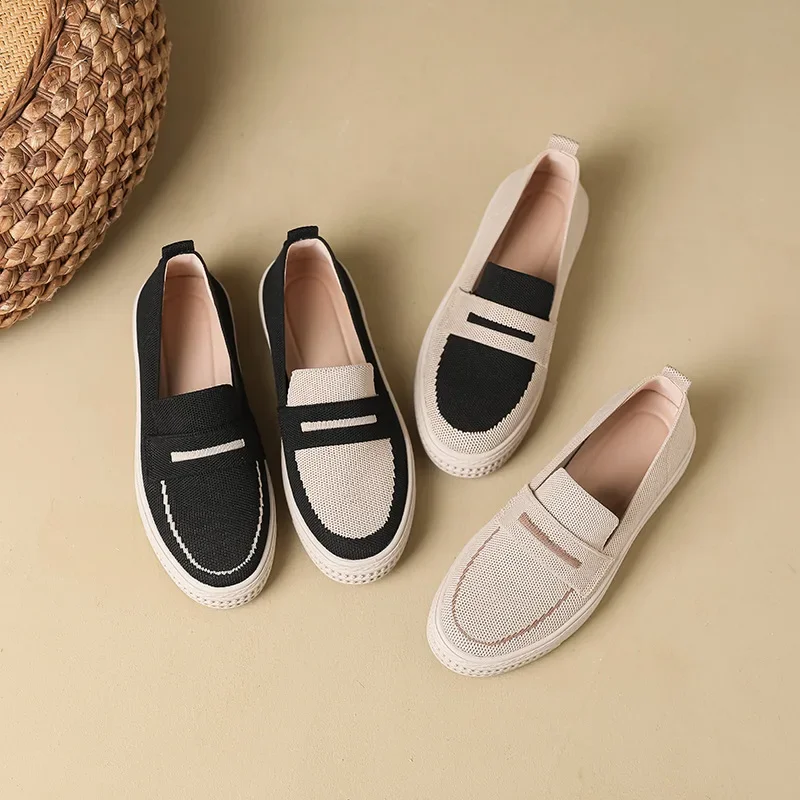 New Fashion Women Flat Shoes Japan Style Knit Slip-on Loafers Comfortable Round Toe Boat Shoes