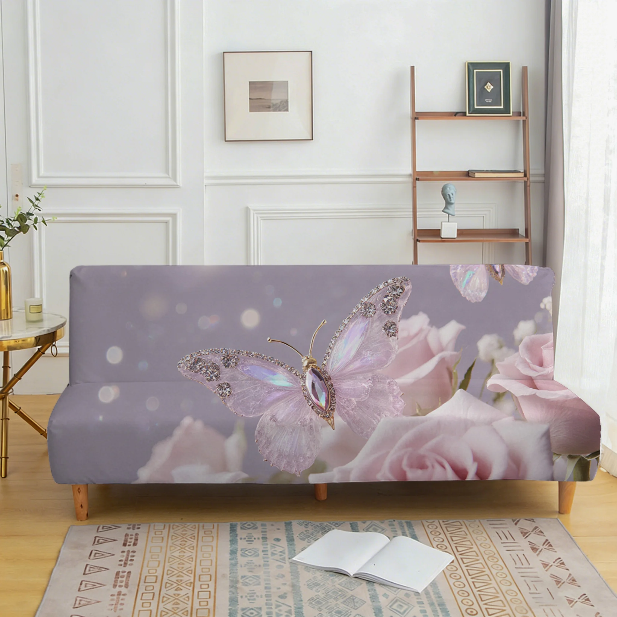 Dream pink rose butterfly armless elastic sofa cover, non-slip and anti-grab furniture protective cover, easy to install