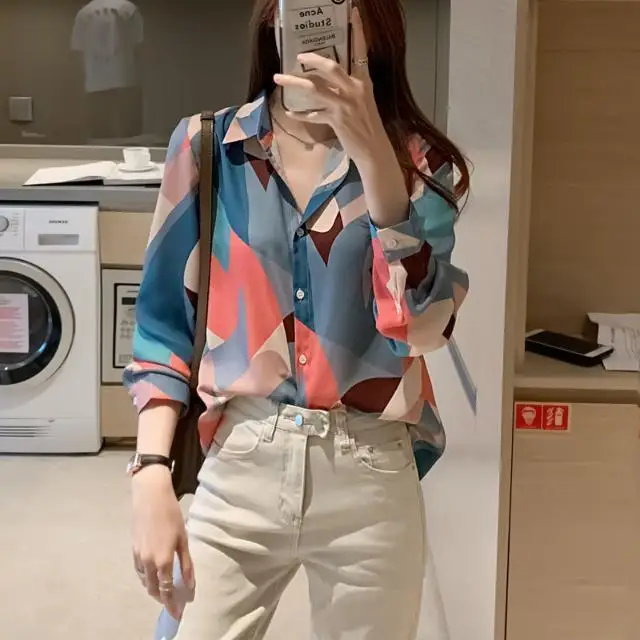 Bedrukt chiffon shirt voor dames Lange mouwen Lente Nieuwe Koreaanse stijl Modieus Eenvoudig temperament Veelzijdige losse top