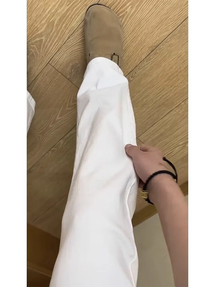 

High Waist Straight Leg White Waed Denim Jeans Men's American High Street Cleanfit Trousers Long Pants Cotton Polyester Blend