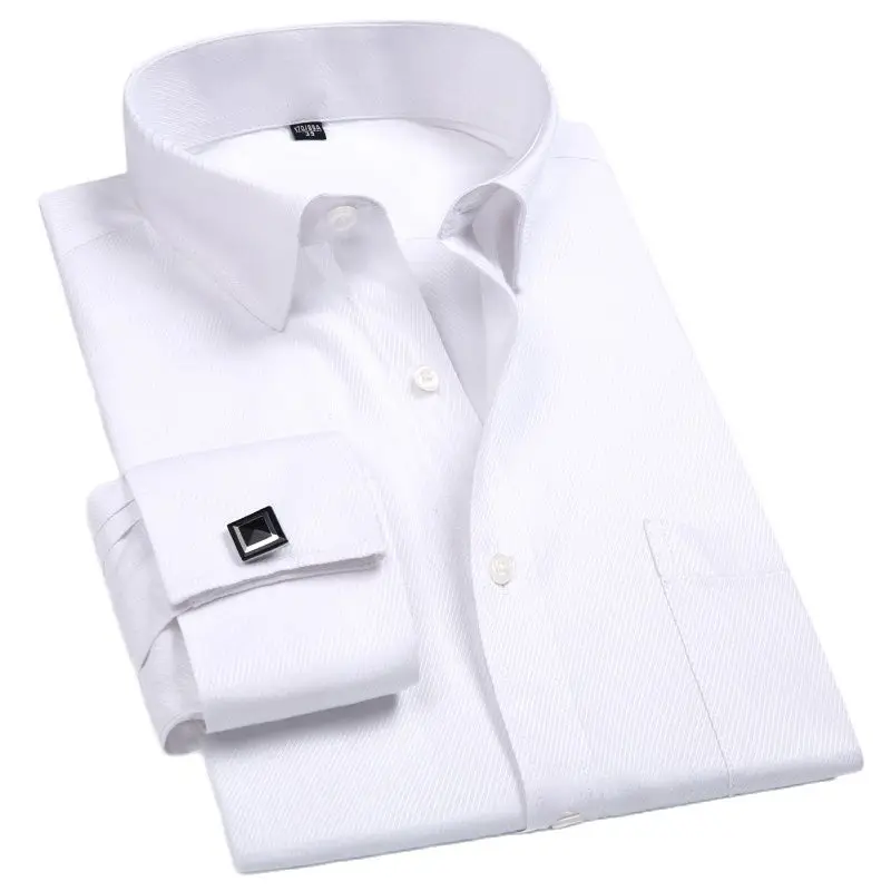 M~6XL Men\'s French Cuff Dress Shirt 2023 New White Long Sleeve Formal Business Buttons Male Shirts Regular Fit Cufflinks Shirt