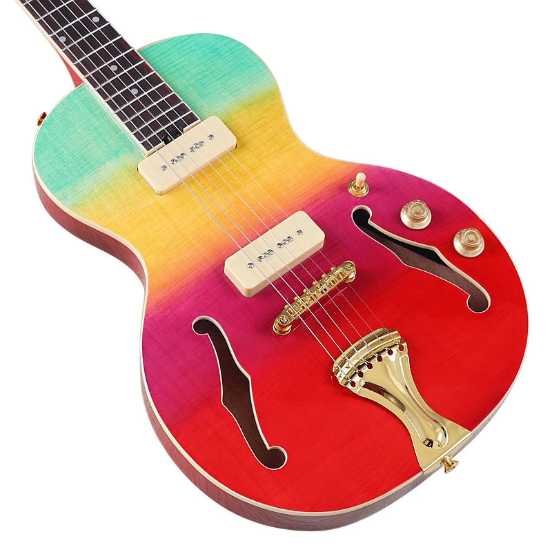 Electric Guitar with Flame Maple Top 6 Strings High Gloss Double F-hole Design Canada Maple Neck 39 Inch Rainbow Colors