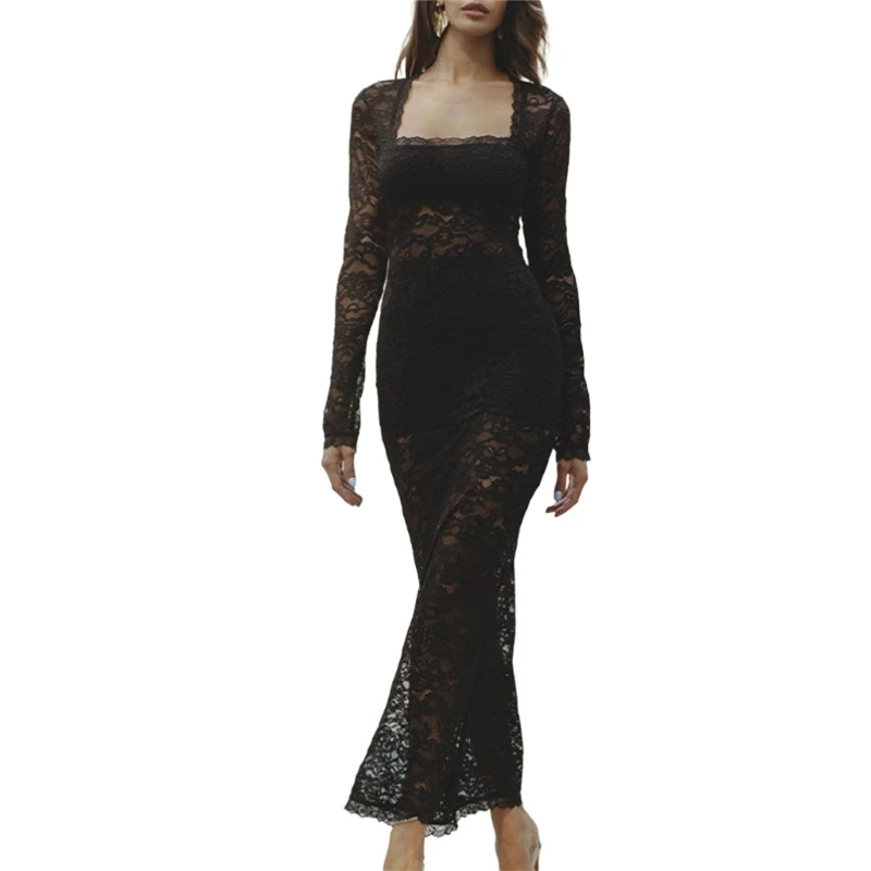 

Versatile Square Neck Lace Dress that Accentuates Long Sleeve Maxi Dresses for Women 066C