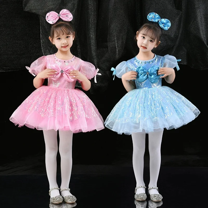 

Sequin Dance Dress Girls Lyrical Contemporary Freestyle Pink Blue Modern Dance Costume Girls Stage Wear Festival Celebration