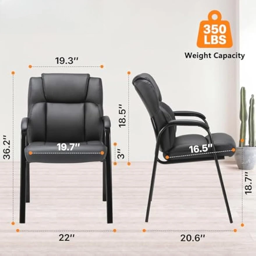 Modern Leather Guest Office Chairs, Ergonomic Reception Waiting Room Seating Set With Padded Armrests, Sled Base Accent Side Chairs For Meeting Conference Room, Sleek Minimalist Style, Black, Set Of 2