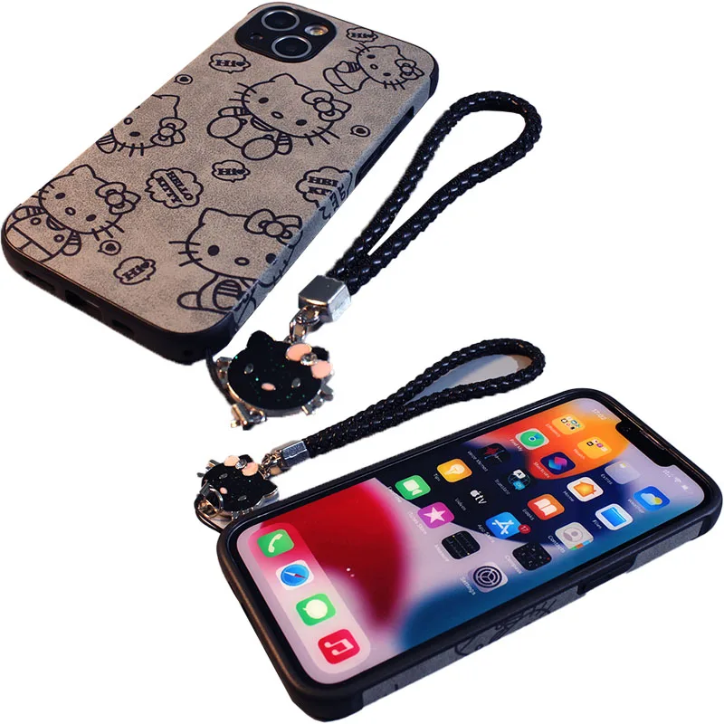 Sanrios Kawaii Cute Hello Kittys Cartoon Cuban Leather for Iphone12/13 Iphone 11Promax Case Xr 8Plus Xs