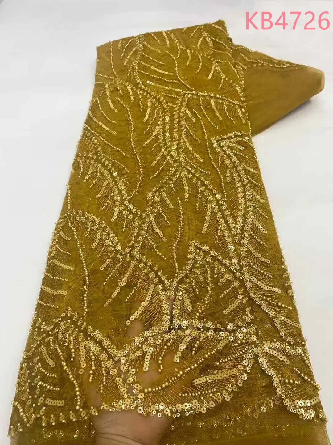 

African Gold Beaded Lace Fabric 2025 High Quality Nigerian Sequins French Mesh Tulle Fabric Material For Wedding Party KB4726