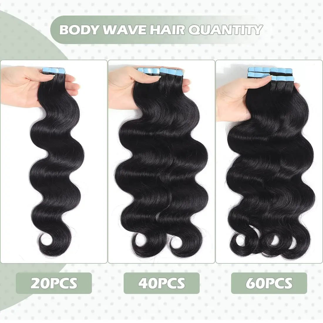 Extensões invisíveis do cabelo para mulheres, fita no cabelo humano, onda do corpo, cabelo humano real de 100%, preto natural, # 1B, Ins