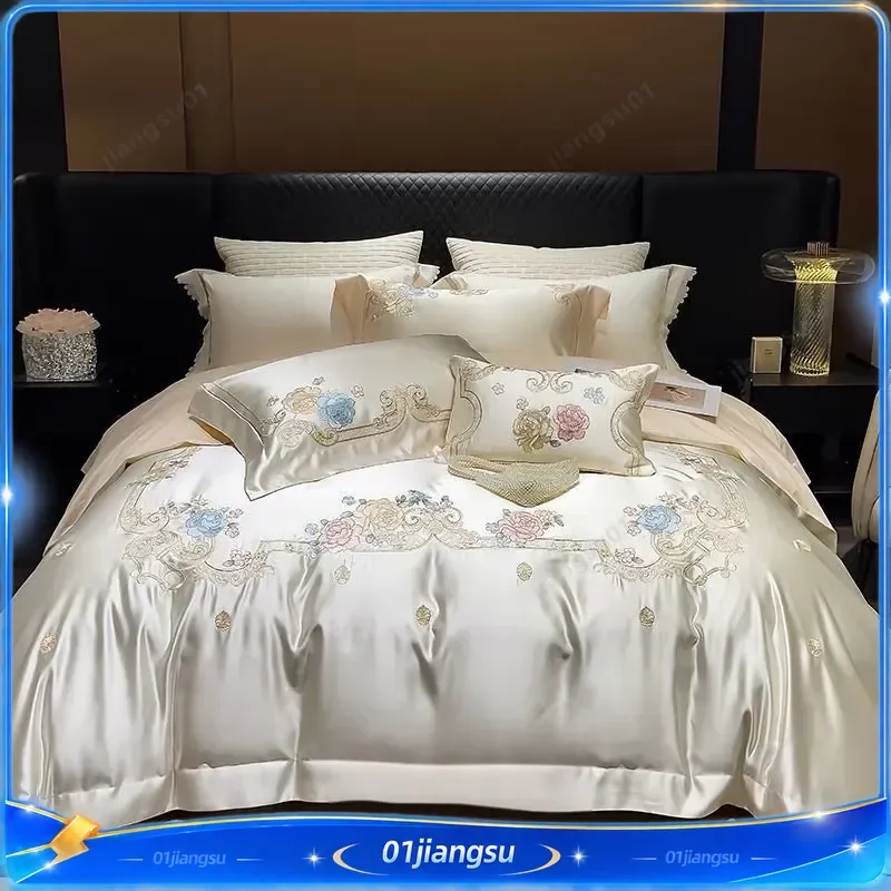 4Pcs Luxury Egyptian Cotton Bedding Set Brocade Flower Embroidery Duvet Cover Cream Champagne Patchwork Bed Sheet Pillowcases