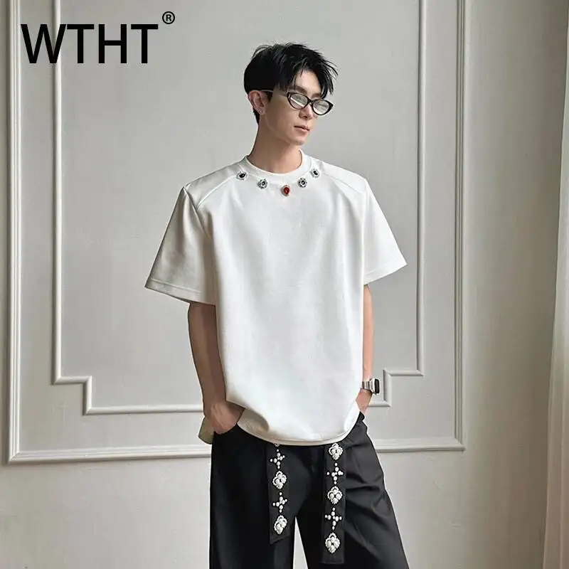 WTHT Fashion Men's Solid Color Spliced Diamonds Design T-shirts Trendy 2026 Summer Round Collar Short Sleeves Tops Male 2A3038