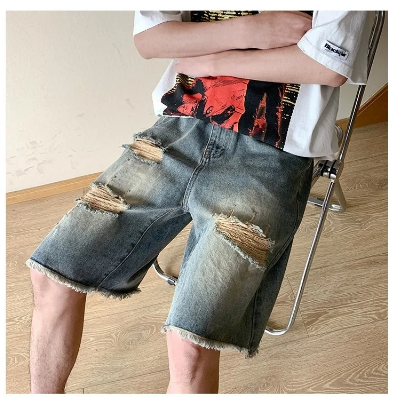 Mens High Waist Distressed Ripped Fringe Hem Loose Denim Bermuda Shorts