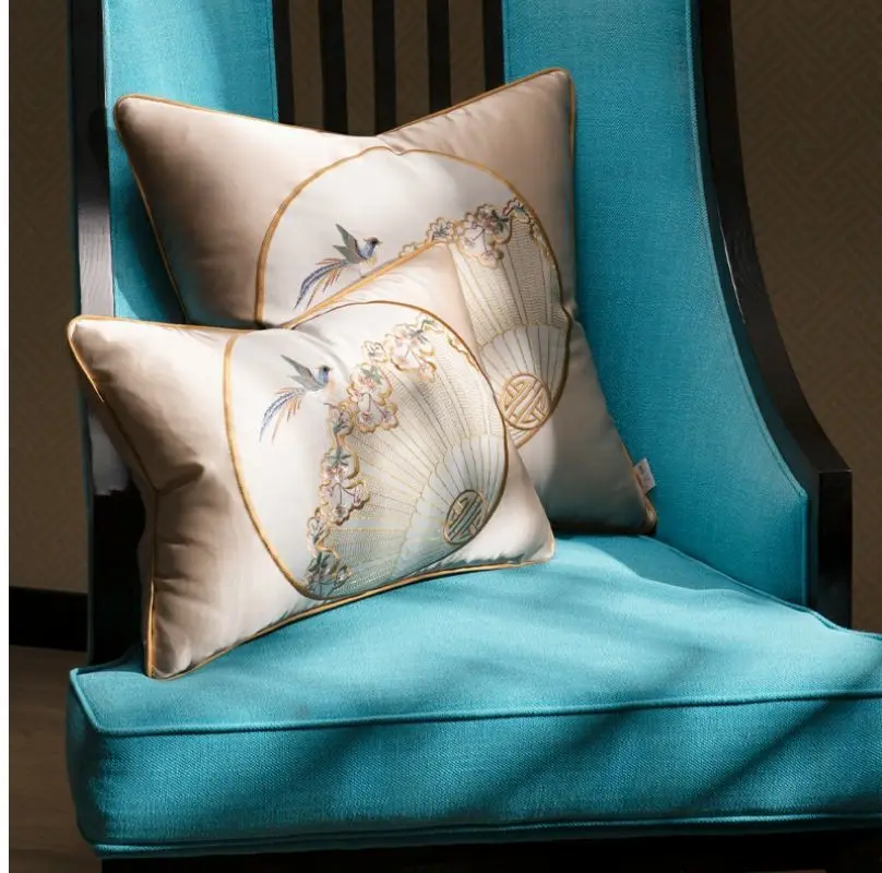 elegant ancient Chinese style bird embroidered cushion cover sofa satin fabric pillowcase decorative lumbar pillow cover