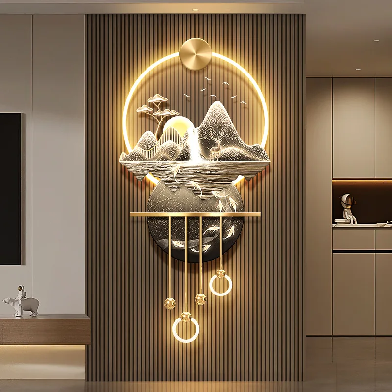 Living room grille decoration pendant, flowing water makes money, nine fish picture, entrance background wall mural with light