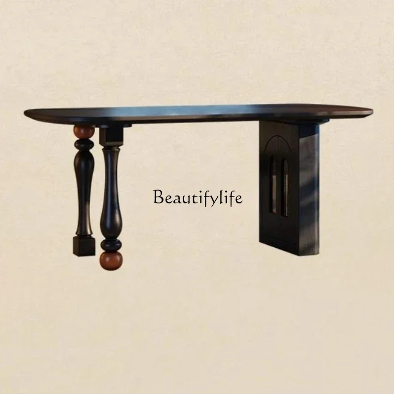 

French retro solid wood dining table small apartment black ash wood high-end rectangular storage dining table