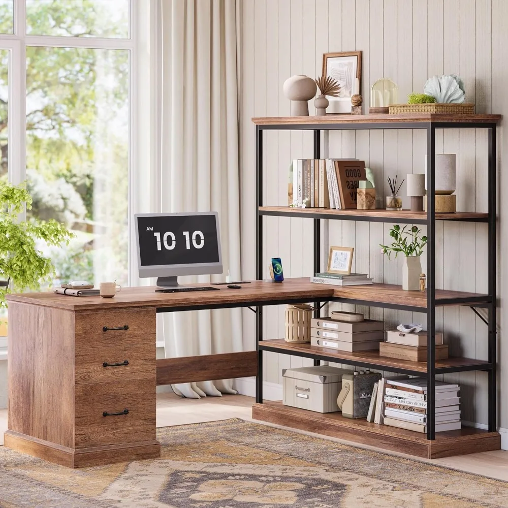 

Farmhouse 57.1" L Shaped Desk with Drawers, Home Office Desk with Storage Shelves, L Shaped Computer Desk with File Drawer