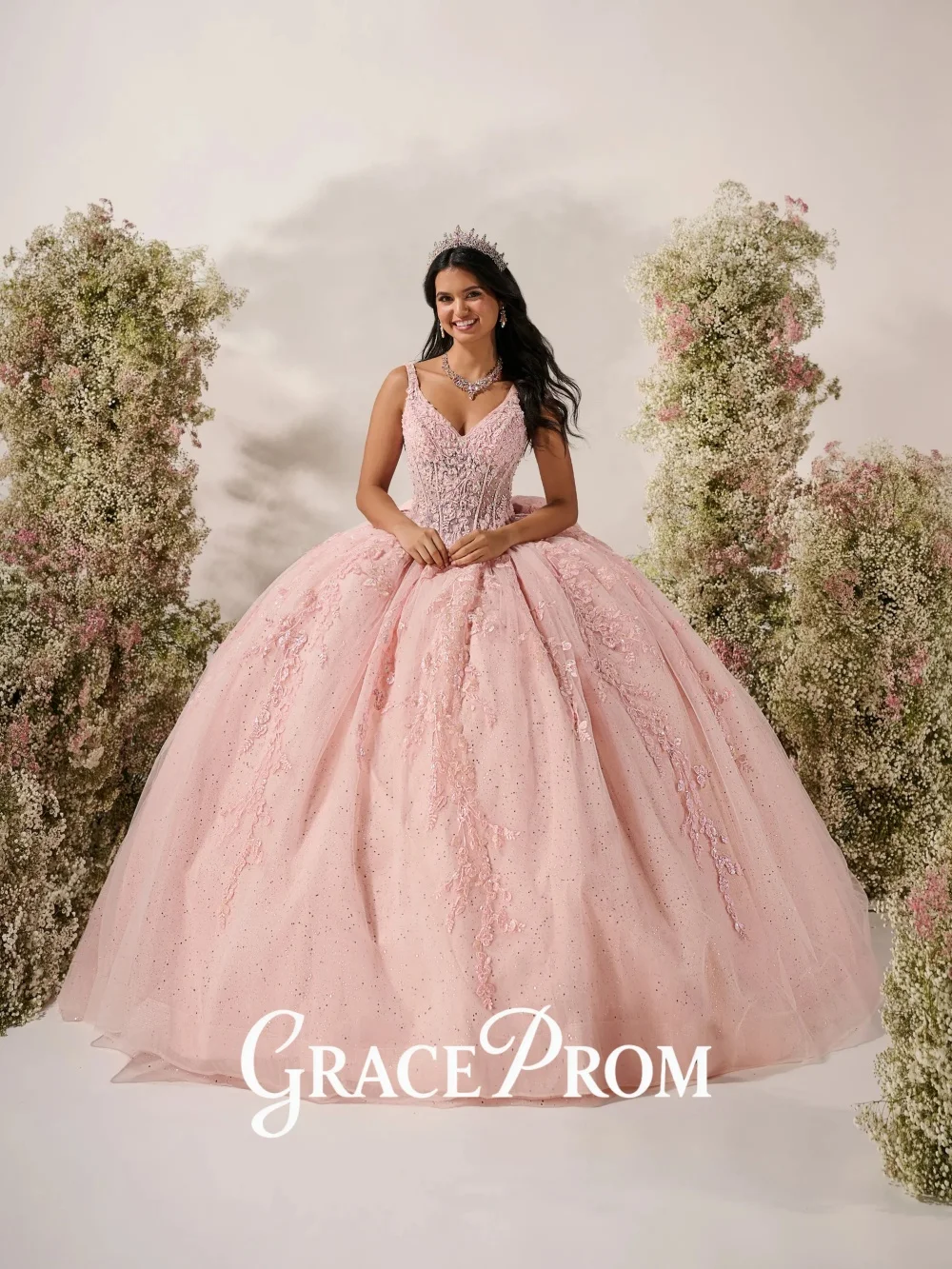 GraceProm Ethereal Quinceanera Dress 2026 Spaghetti Strap Floral Appliques Rhinestones Vestidos De 15 Anos Customized image 4