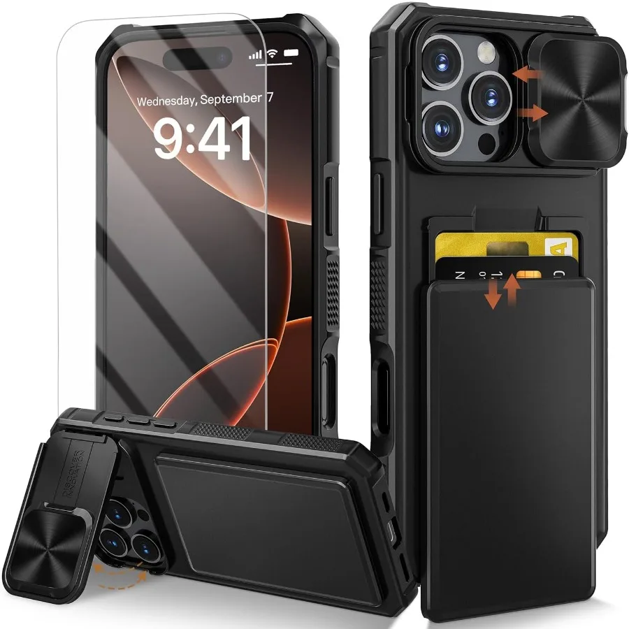 

Защитный чехол 5 в 1 для iPhone 16 Pro Max со встроенным держателем для карт, слайд-крышка для камеры, подставка, держатель для селфи, комбинированный и