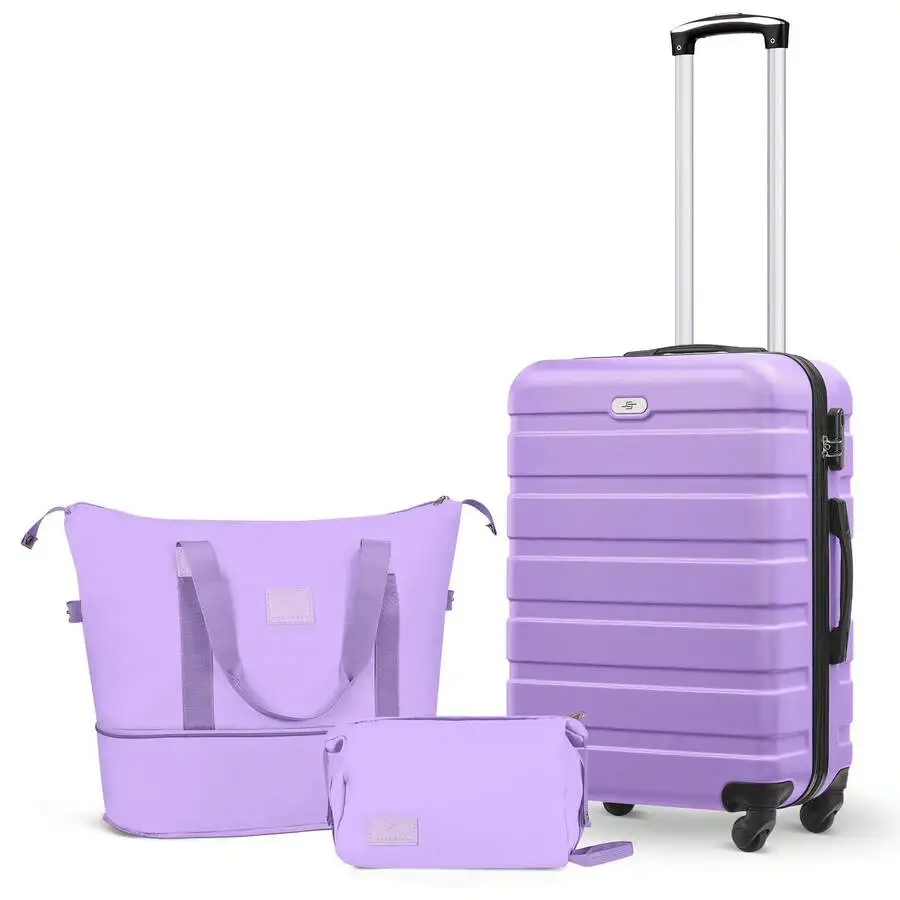 3-Piece Carry On Luggage Set: 20 Inch Airline Approved Hardshell Suitcase With Silent Spinner Wheels+Tote Bag+Toiletry Bag, Ligh