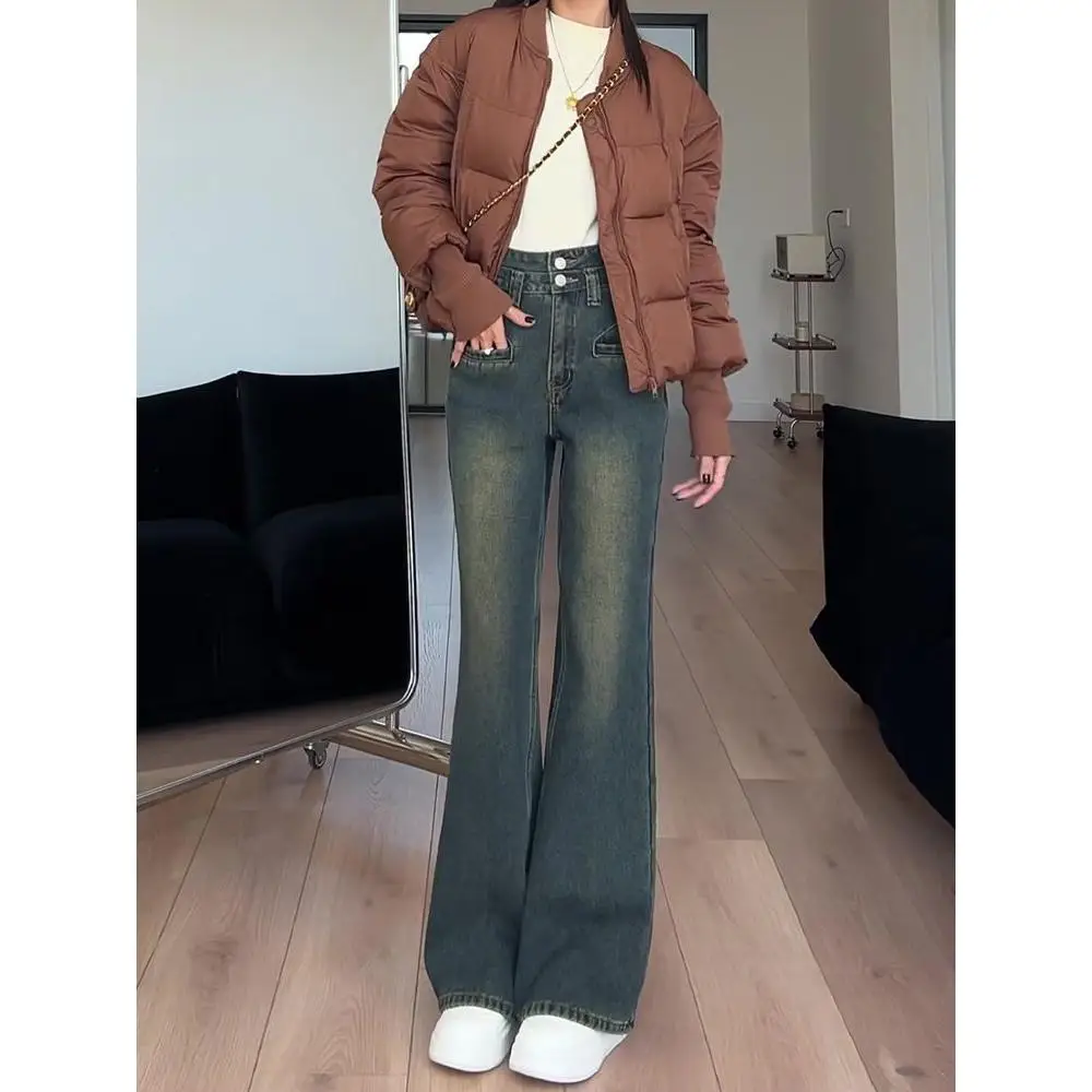 

High Waist Straight Leg Fleece Lined Thickened Denim Jeans Women's Small Size Loose Fit Long Pants Autumn Winter New Arrival