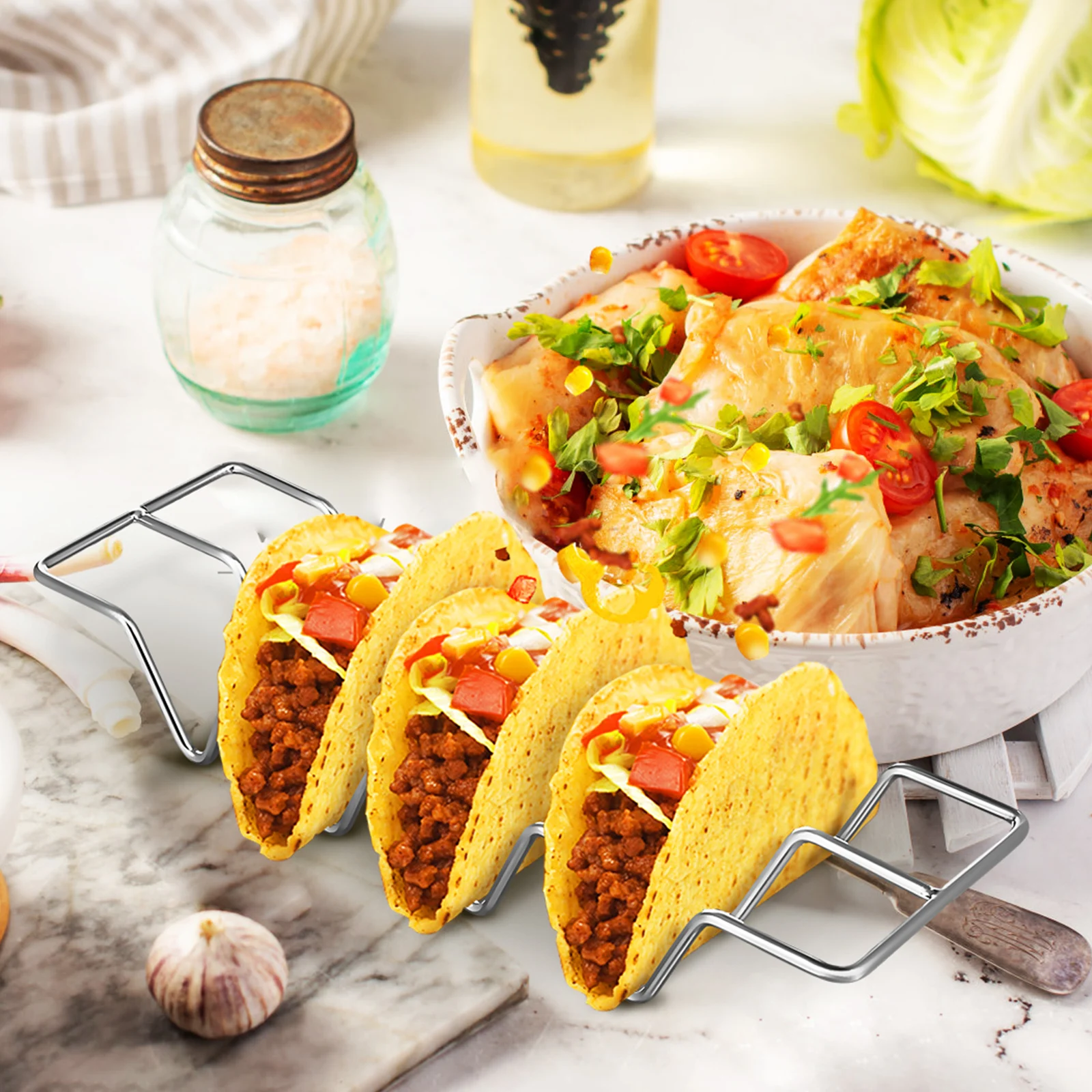 

Tortilla Stand Stainless Steel Taco Holder Trays Oven Safe Hollowed Shells Kit Versatile Ample Capacity Stable Placement