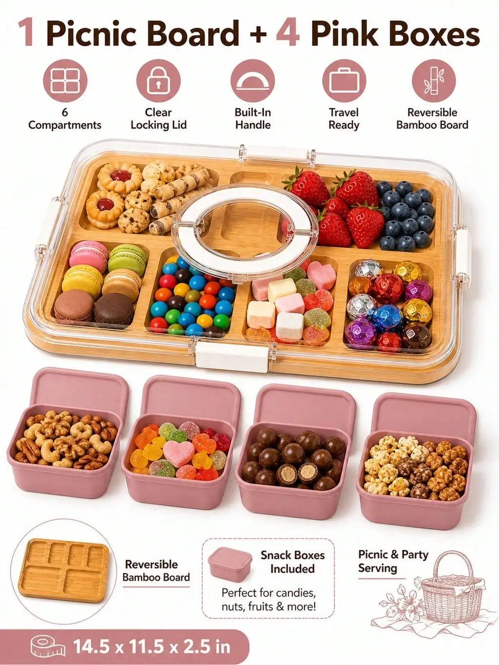 Travel Ready Charcuterie Board Set with Built In Handle and Four Pink Snack Boxes