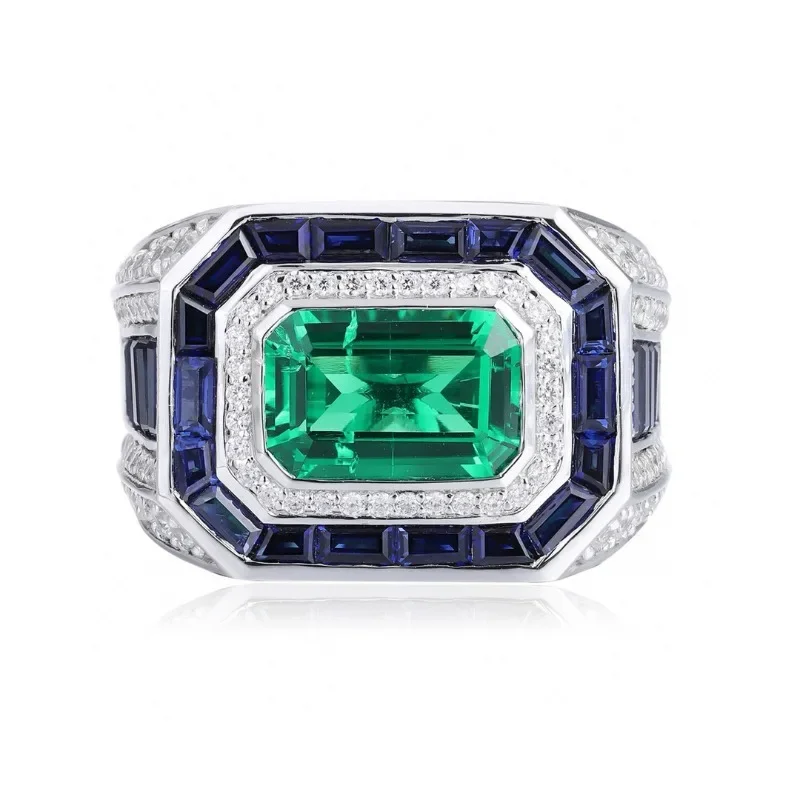 Ruihe New S925 Silver Emerald Cut 3.18ct Simulated Diamond Rings CZ Gemstone Fashion Daily Men's Jewelry Custom Personalized